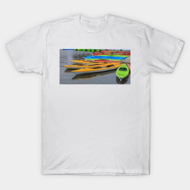 Tied up Kayaks on water T-Shirt by josefpittner